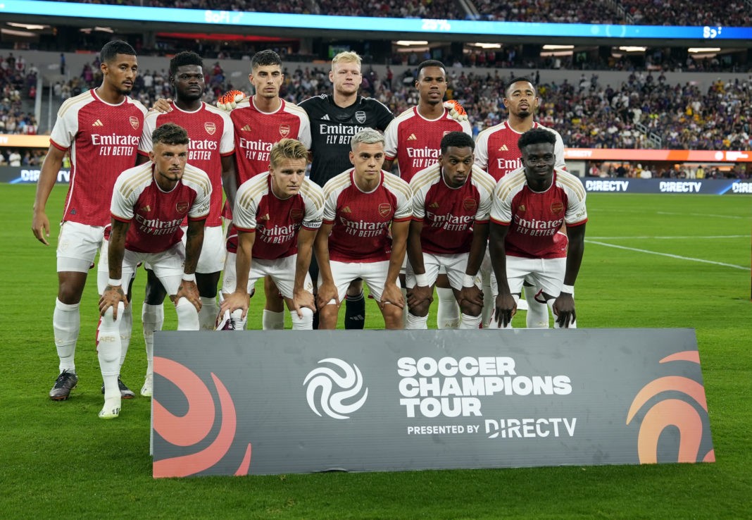 INGLEWOOD, CALIFORNIA - JULY 26: The Arsenal team line up for a photo prior to the friendly pre-season match against Barcelona at SoFi Stadium on July 26, 2023 in Inglewood, California. (Photo by Kevork Djansezian/Getty Images)