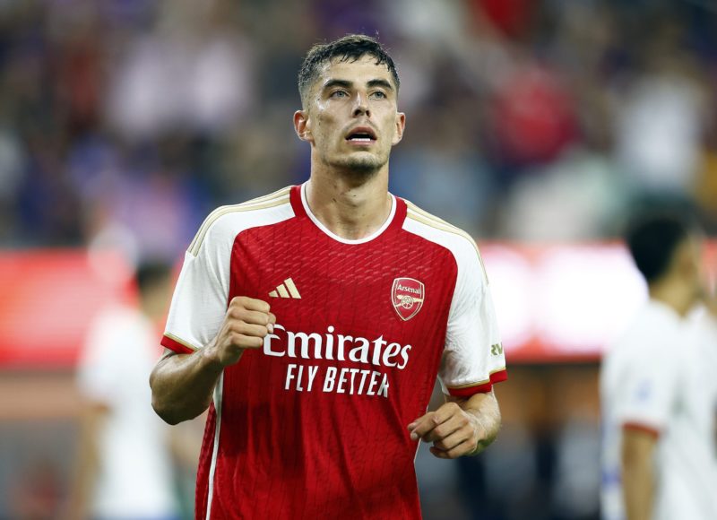 INGLEWOOD, CALIFORNIA - JULY 26: Kai Havertz #29 of Arsenal celebrates against FC Barcelona in the first half of a pre-season friendly match at SoFi Stadium on July 26, 2023 in Inglewood, California. (Photo by Ronald Martinez/Getty Images)