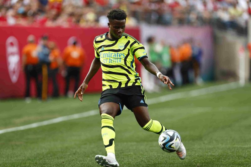 EAST RUTHERFORD, NEW JERSEY - JULY 22: Bukayo Saka #7 of Arsenal in action against Manchester United during a pre-season friendly match at MetLife Stadium on July 22, 2023 in East Rutherford, New Jersey. (Photo by Rich Schultz/Getty Images)