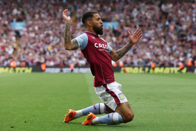BIRMINGHAM, ENGLAND - MAY 28: Douglas Luiz of Aston Villa celebrates after scoring the team's first goal during the Premier League match between Aston Villa and Brighton & Hove Albion at Villa Park on May 28, 2023 in Birmingham, England. (Photo by Matthew Lewis/Getty Images)