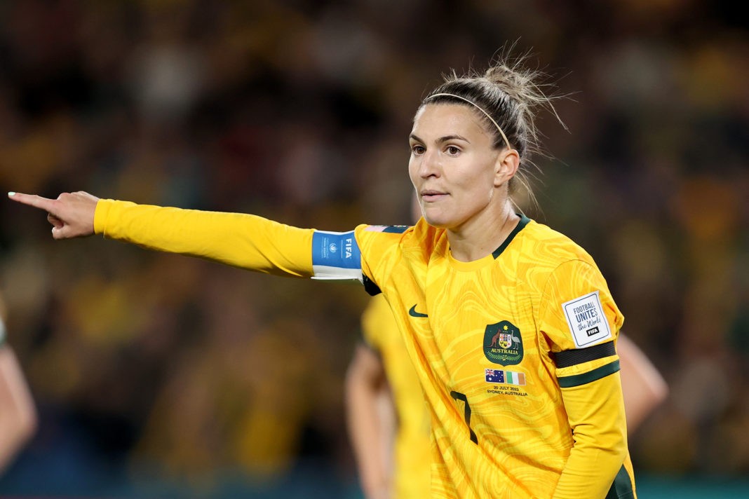 SYDNEY, AUSTRALIA - JULY 20: Steph Catley of Australia gestures during the FIFA Women's World Cup Australia & New Zealand 2023 Group B match between Australia and Ireland at Stadium Australia on July 20, 2023 in Sydney, Australia. (Photo by Brendon Thorne/Getty Images)