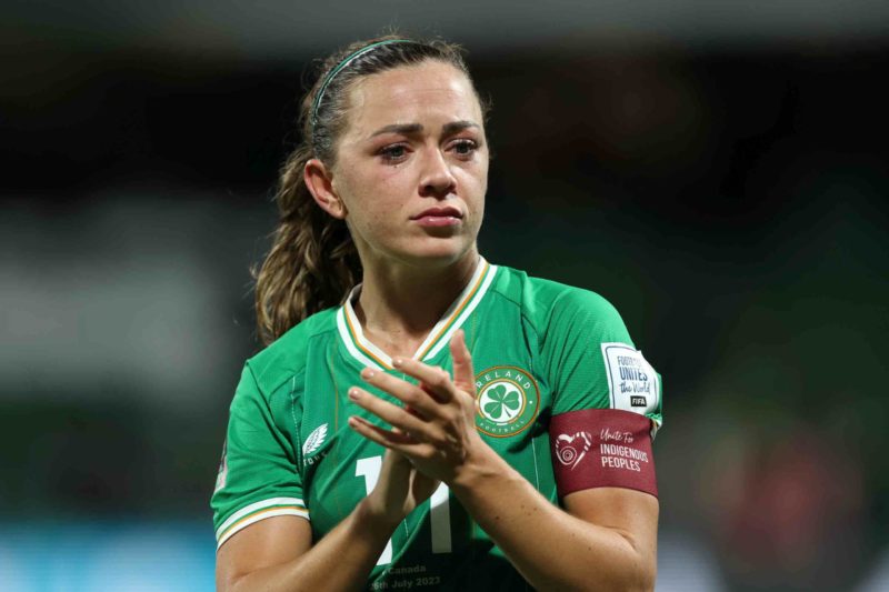 PERTH, AUSTRALIA - JULY 26: Katie McCabe of Republic of Ireland applauds fans after her team's 1-2 defeat in the FIFA Women's World Cup Australia & New Zealand 2023 Group B match between Canada and Ireland at Perth Rectangular Stadium on July 26, 2023 in Perth, Australia. (Photo by Paul Kane/Getty Images)