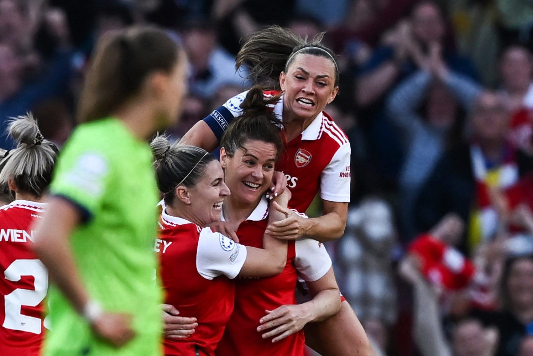 Arsenal's Scottish defender Jennifer Beattie celebrates after her team second goal during the UEFA Women's Champions League semi-final second-leg match between Arsenal and Wolfsburg at the Arsenal Stadium, in London, on May 1, 2023. (Photo by Ben Stansall / AFP) (Photo by BEN STANSALL/AFP via Getty Images)