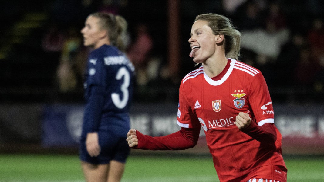Benfica's Cloe Lacasse celebrates scoring during the UEFA Women's Champions League group D football match between FC Rosengard and SL Benfica in Malmo, Sweden, on December 7, 2022. - Sweden (Photo by ANDREAS HILLERGREN/TT News Agency/AFP via Getty Images)