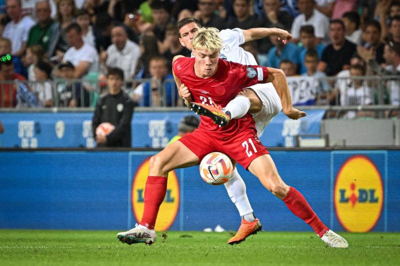 Denmark's forward Rasmus Hojlund (front) fights for the ball during Group H Euro 2024 Qualifying match between Slovenia and Denmark at the Stozice Stadium in Ljubljana, Slovenia on June 19, 2023. (Photo by JURE MAKOVEC/AFP via Getty Images)