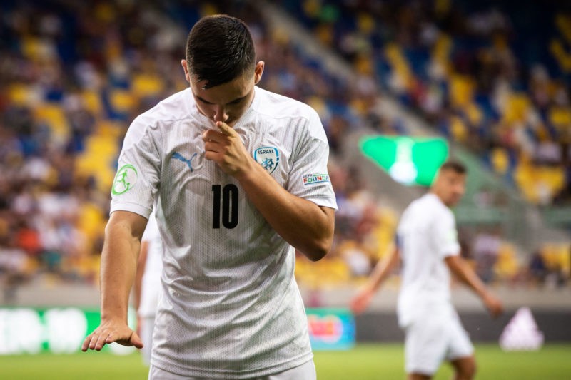 Israel's midfielder Oscar Gloukh reacts during the UEFA Under-19 European Championship semi-final football match between France and Israel at the DAC Arena in Dunajska Streda, Slovakia on June 28, 2022. (Photo by VLADIMIR SIMICEK/AFP via Getty Images)