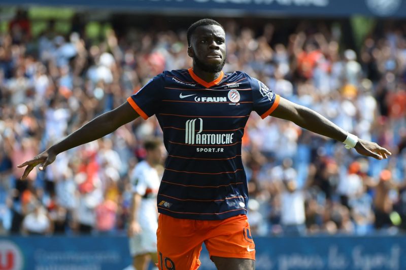 Montpellier's British forward Stephy Mavididi celebrates after scoring a goal during the French L1 football match between Montpellier Herault SC and FC Lorient at the Mosson stadium in Montpellier, southern France on August 22, 2021. (Photo by SYLVAIN THOMAS/AFP via Getty Images)