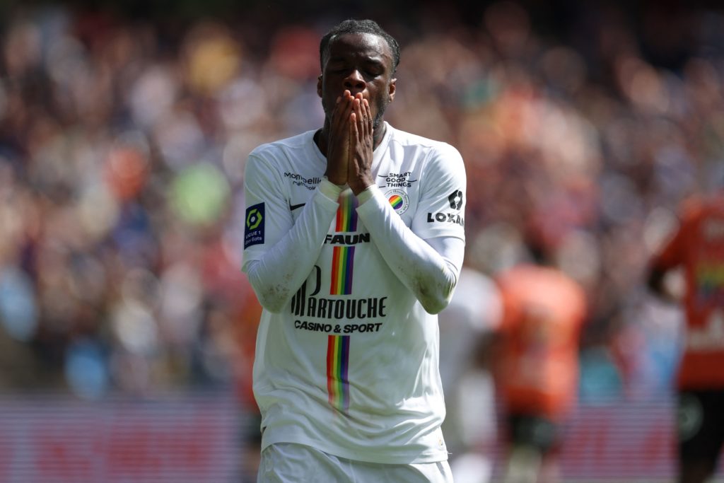 Montpellier's English forward Stephy Mavididi reacts after missing a goal during the French L1 football match between Montpellier Herault SC and FC Lorient at Stade de la Mosson in Montpellier, southern France on May 14, 2023. (Photo by Pascal GUYOT / AFP) (Photo by PASCAL GUYOT/AFP via Getty Images)