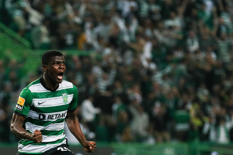 Sporting's Ivorian defender Ousmane Diomande celebrates scoring his team's second goal during the Portuguese league football match between Sporting CP and SL Benfica at the Jose Alvalade stadium in Lisbon on May 21, 2023. (Photo by CARLOS COSTA/AFP via Getty Images)