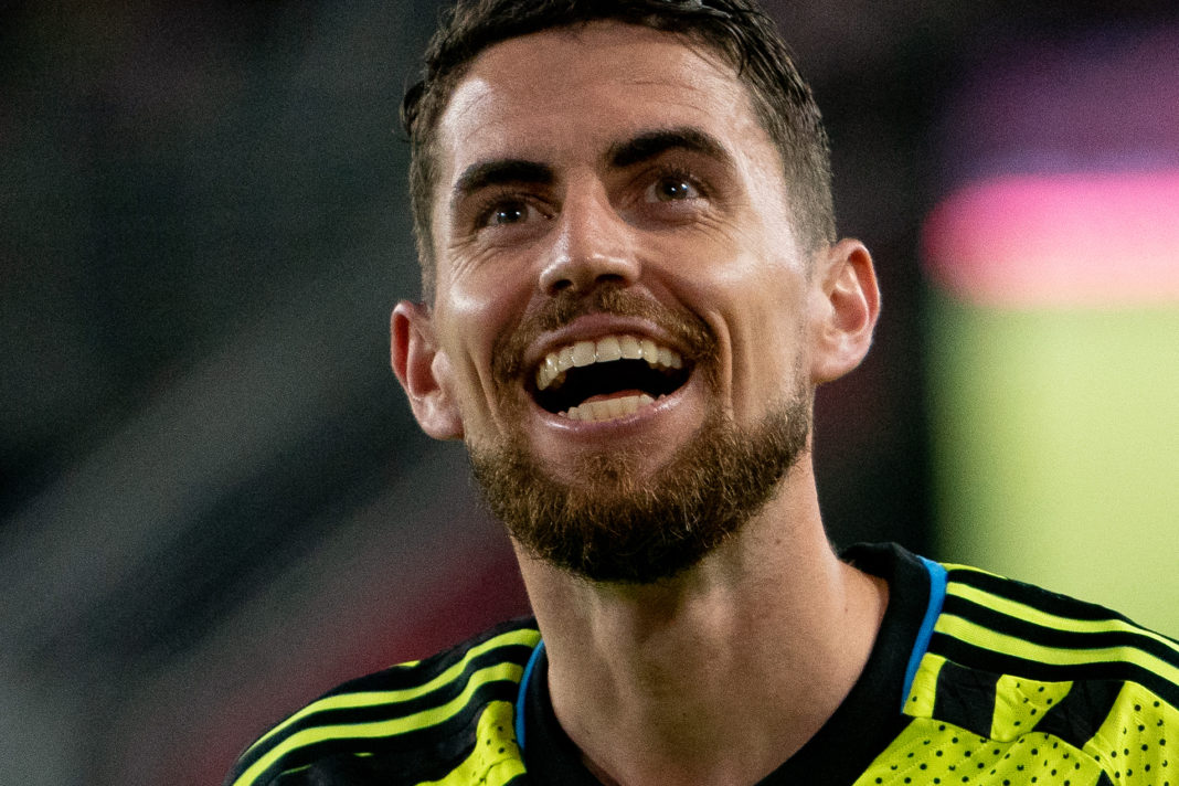 Arsenal's midfielder Jorginho celebrates his penalty kick during a friendly football match between the Major League Soccer (MLS) All-Star team and Arsenal FC, at Audi Field in Washington, DC, on July 19, 2023. (Photo by Stefani Reynolds / AFP) (Photo by STEFANI REYNOLDS/AFP via Getty Images)