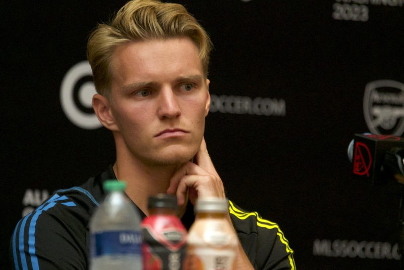 Arsenal midfielder Martin Odegaard looks on during an Arsenal FC news conference during Major League Soccer (MLS) All Star week in Washington, DC, on July 18, 2023. The MLS All Stars will play a friendly match against English Premier League's Arsenal FC on July 19, 2023. (Photo by BASTIEN INZAURRALDE/AFP via Getty Images)