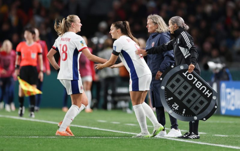 AUCKLAND, NEW ZEALAND - JULY 20: Frida Maanum (L) of Norway is replaced by Vilde Boe Risa (R) during the FIFA Women's World Cup Australia & New Zealand 2023 Group A match between New Zealand and Norway at Eden Park on July 20, 2023 in Auckland, New Zealand. (Photo by Phil Walter/Getty Images)