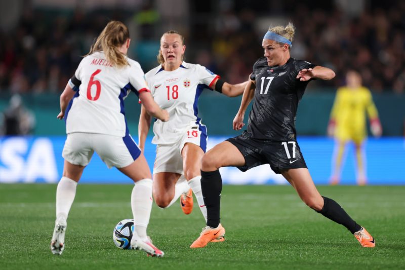 AUCKLAND, NEW ZEALAND - JULY 20: Hannah Wilkinson of New Zealand competes for the ball against Maren Mjelde and Frida Maanum of Norway  during the FIFA Women's World Cup Australia & New Zealand 2023 Group A match between New Zealand and Norway at Eden Park on July 20, 2023 in Auckland, New Zealand. (Photo by Buda Mendes/Getty Images)