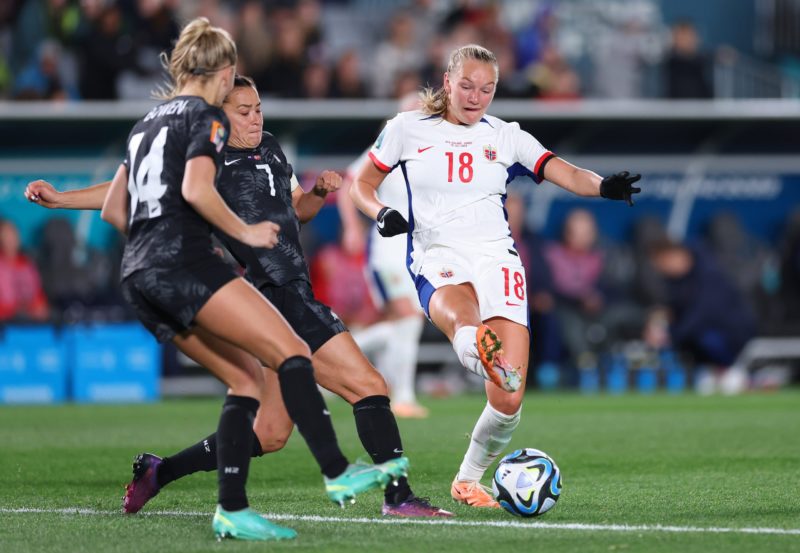 AUCKLAND, NEW ZEALAND - JULY 20: Frida Maanum of Norway competes for the ball against Ali Riley and Katie Bowen of New Zealand during the FIFA Women's World Cup Australia & New Zealand 2023 Group A match between New Zealand and Norway at Eden Park on July 20, 2023 in Auckland, New Zealand. (Photo by Buda Mendes/Getty Images)
