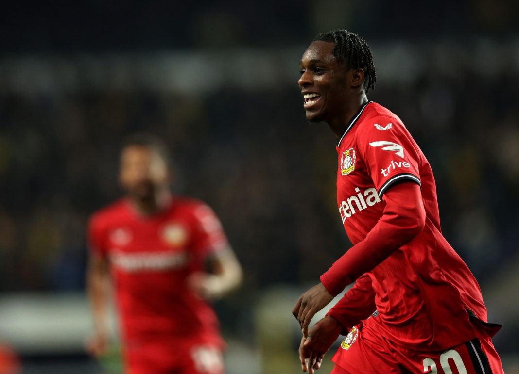 BRUSSELS, BELGIUM - APRIL 20: Jeremie Frimpong of Bayer 04 Leverkusen celebrates after scoring the team's third goal during the UEFA Europa League Quarterfinal Second Leg match between Royale Union Saint-Gilloise and Bayer 04 Leverkusen at Stade Joseph Marien on April 20, 2023 in Brussels, Belgium. (Photo by Dean Mouhtaropoulos/Getty Images)