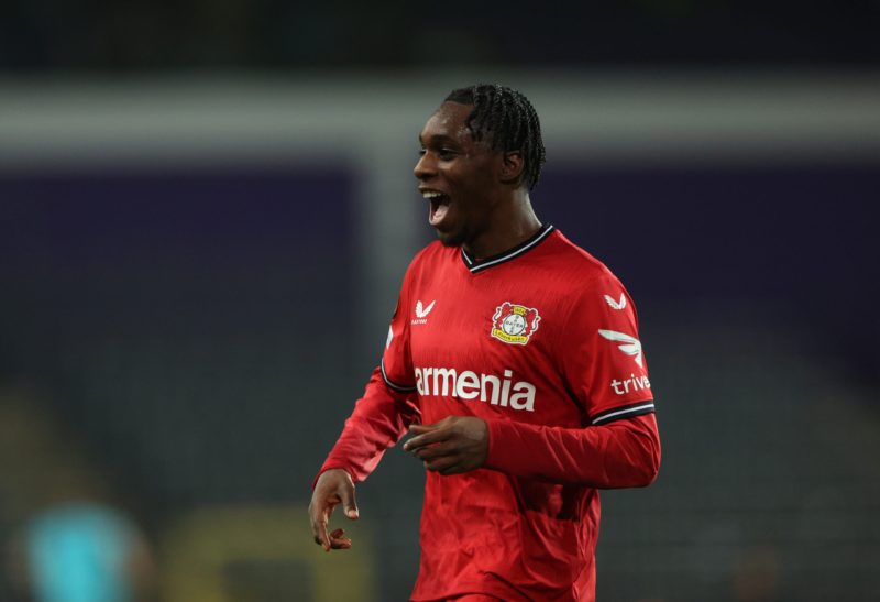 BRUSSELS, BELGIUM - APRIL 20: Jeremie Frimpong of Bayer 04 Leverkusen celebrates after scoring the team's third goal during the UEFA Europa League Quarterfinal Second Leg match between Royale Union Saint-Gilloise and Bayer 04 Leverkusen at Stade Joseph Marien on April 20, 2023 in Brussels, Belgium. (Photo by Dean Mouhtaropoulos/Getty Images)