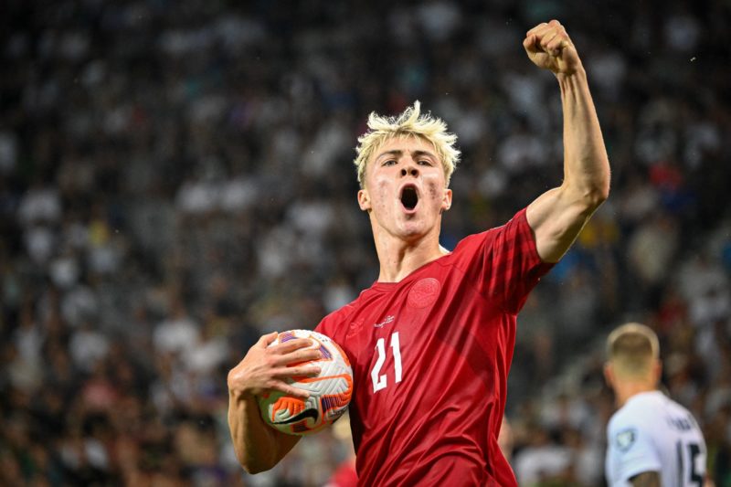 TOPSHOT - Denmark's forward Rasmus Hojlund celebrates after scoring a goal during Group H Euro 2024 Qualifying match between Slovenia and Denmark at the Stozice Stadium in Ljubljana, Slovenia on June 19, 2023. (Photo by JURE MAKOVEC/AFP via Getty Images)