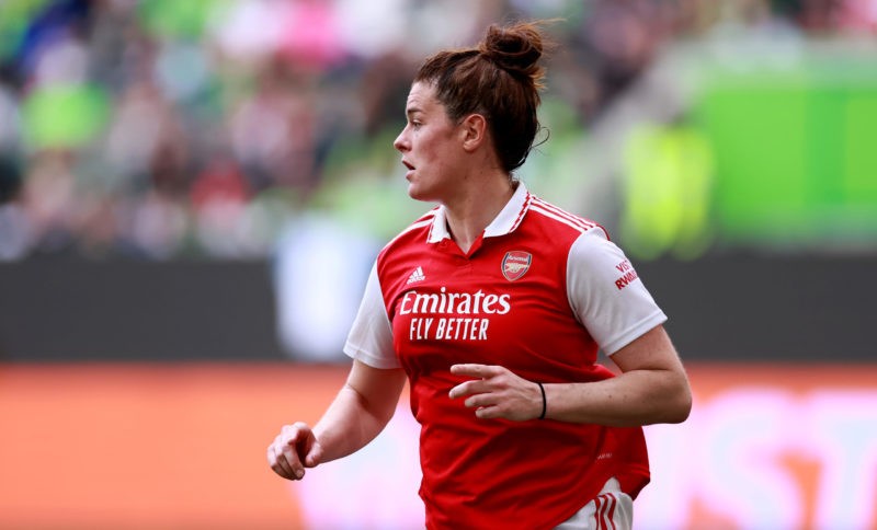 WOLFSBURG, GERMANY - APRIL 23: Jennifer Beattie of Arsenal looks on during the UEFA Women's Champions League semifinal 1st leg match between VfL Wolfsburg and Arsenal at Volkswagen Arena on April 23, 2023 in Wolfsburg, Germany. (Photo by Martin Rose/Getty Images)