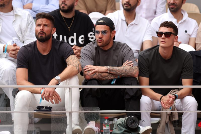 PARIS, FRANCE - JUNE 11: Footballers, Olivier Giroud and Benjamin Pavard, watch on during the Men's Singles Final match between Novak Djokovic of Serbia and Casper Ruud of Norway on Day Fifteen of the 2023 French Open at Roland Garros on June 11, 2023 in Paris, France. (Photo by Julian Finney/Getty Images)