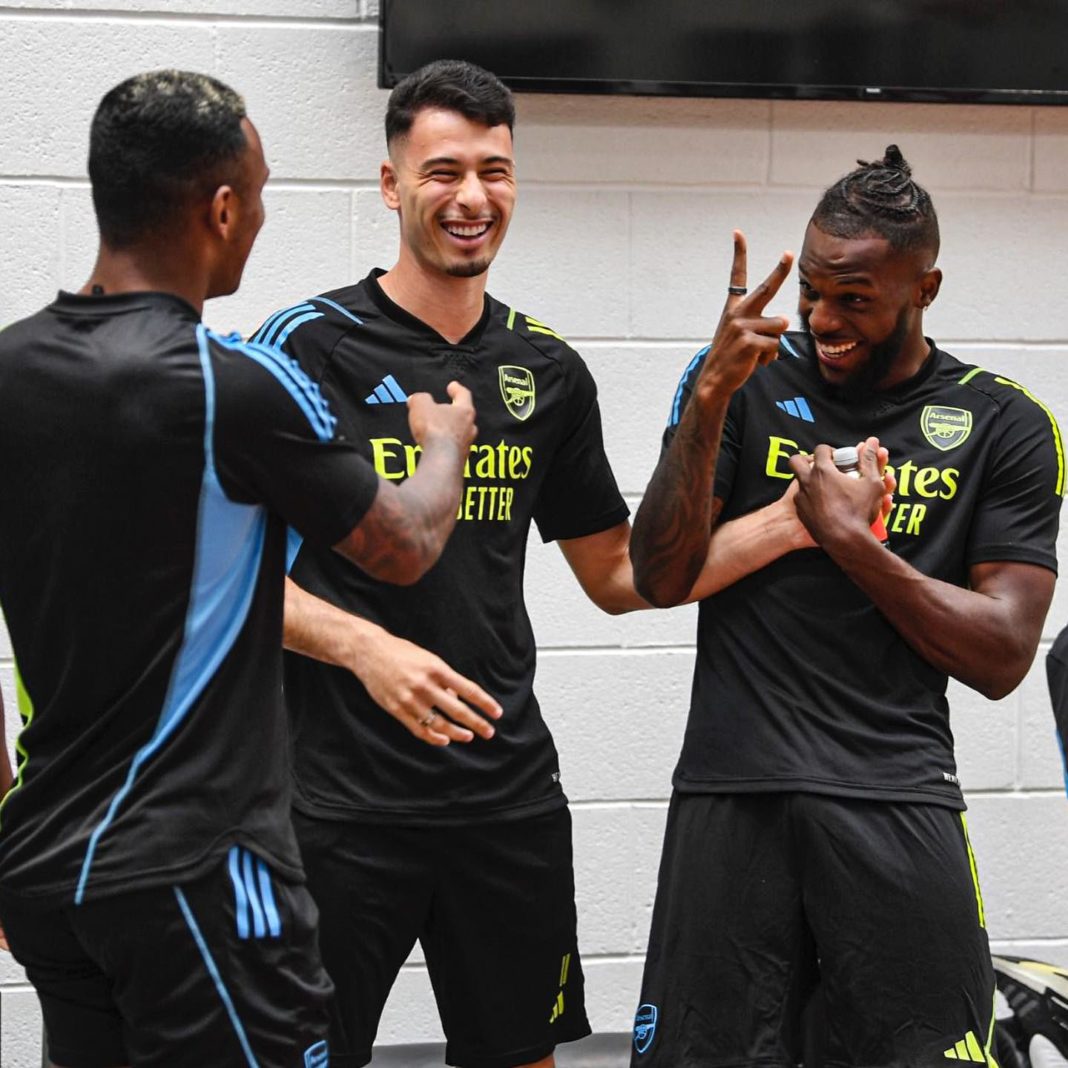 Nuno Tavares (R) rejoins training with Arsenal (Photo via Tavares on Instagram)