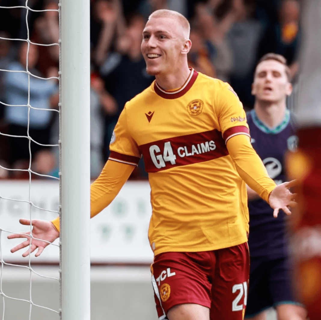 Mika Biereth celebrates his assist for Motherwell (Photo via Motherwell on Twitter)