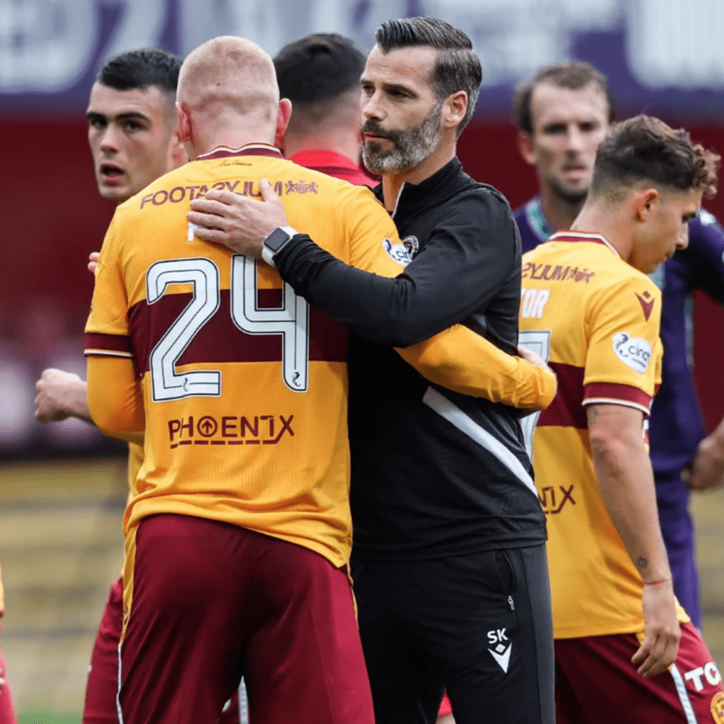 Mika Biereth is congratulated after his Motherwell debut (Photo via Motherwell on Twitter)