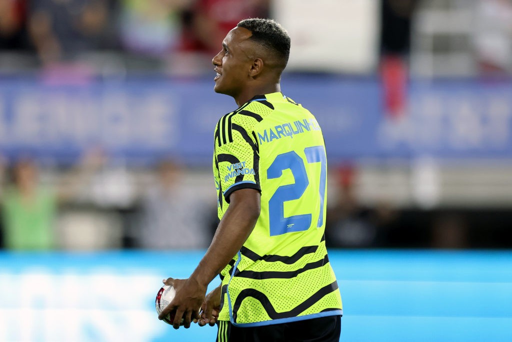 WASHINGTON, DC - JULY 18: Marquinhos #27 of Arsenal FC looks on during the MLS All-Star Skills Challenge between Arsenal FC and MLS All-Stars at Audi Field on July 18, 2023 in Washington, DC. (Photo by Tim Nwachukwu/Getty Images)