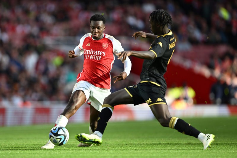 LONDON, ENGLAND - AUGUST 02: Eddie Nketiah of Arsenal is challenged by Soungoutou Magassa of AS Monaco during the pre-season friendly match between Arsenal FC and AS Monaco at Emirates Stadium on August 02, 2023 in London, England. (Photo by Mike Hewitt/Getty Images)