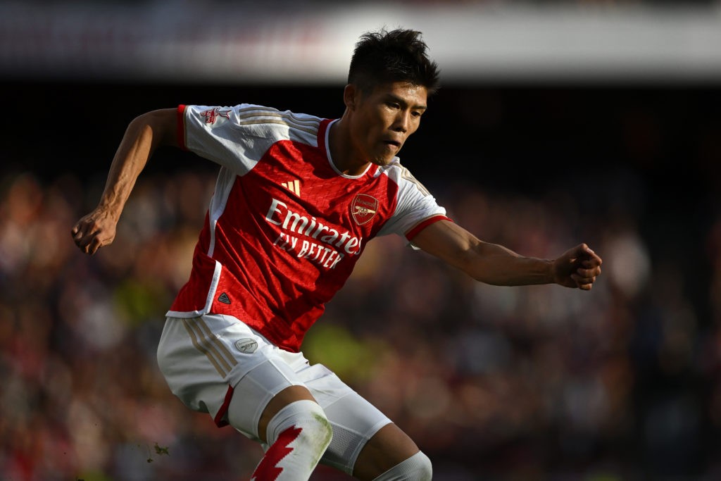 LONDON, ENGLAND - AUGUST 02: Takehiro Tomiyasu of Arsenal in action during the pre-season friendly match between Arsenal FC and AS Monaco at Emirates Stadium on August 02, 2023 in London, England. (Photo by Mike Hewitt/Getty Images)