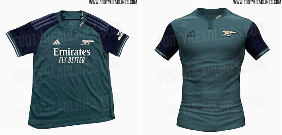 Arsenal's 2023/24 third kit side-by-side with the sponsorless version (Photo via FootyHeadlines.com)