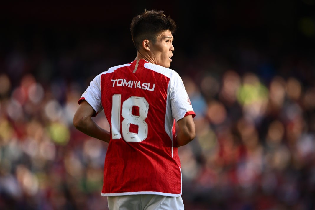 LONDON, ENGLAND - AUGUST 02: Takehiro Tomiyasu of Arsenal looks on during the pre-season friendly match between Arsenal FC and AS Monaco at Emirates Stadium on August 02, 2023 in London, England. (Photo by Mike Hewitt/Getty Images)