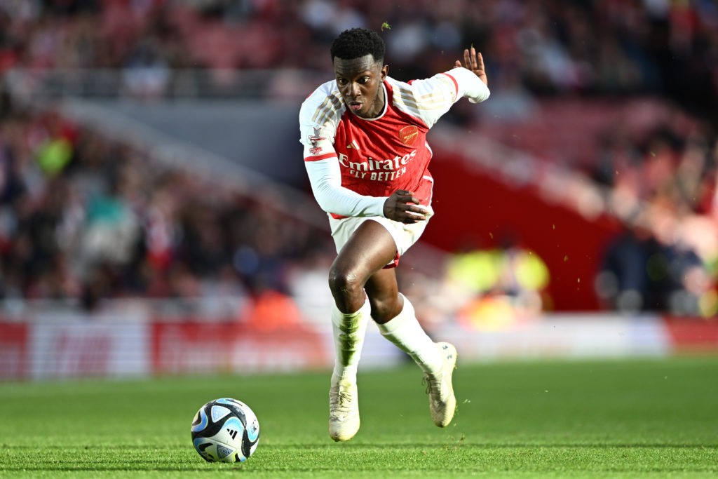 LONDON, ENGLAND - AUGUST 02: Eddie Nketiah of Arsenal in action during the pre-season friendly match between Arsenal FC and AS Monaco at Emirates Stadium on August 02, 2023 in London, England. (Photo by Mike Hewitt/Getty Images)