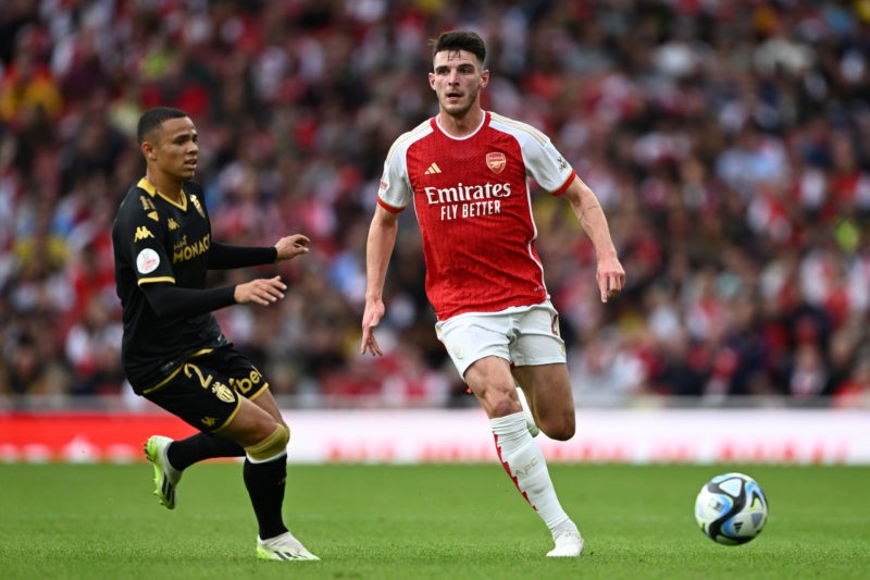 LONDON, ENGLAND - AUGUST 02:  Declan Rice of Arsenal is challenged by Vanderson of AS Monaco during the pre-season friendly match between Arsenal FC and AS Monaco at Emirates Stadium on August 02, 2023 in London, England. (Photo by Mike Hewitt/Getty Images)