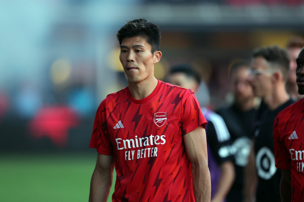 WASHINGTON, DC - JULY 19: Takehiro Tomiyasu #18 of Arsenal FC warms up prior to the MLS All-Star Game between Arsenal FC and MLS All-Stars at Audi Field on July 19, 2023 in Washington, DC. (Photo by Tim Nwachukwu/Getty Images)