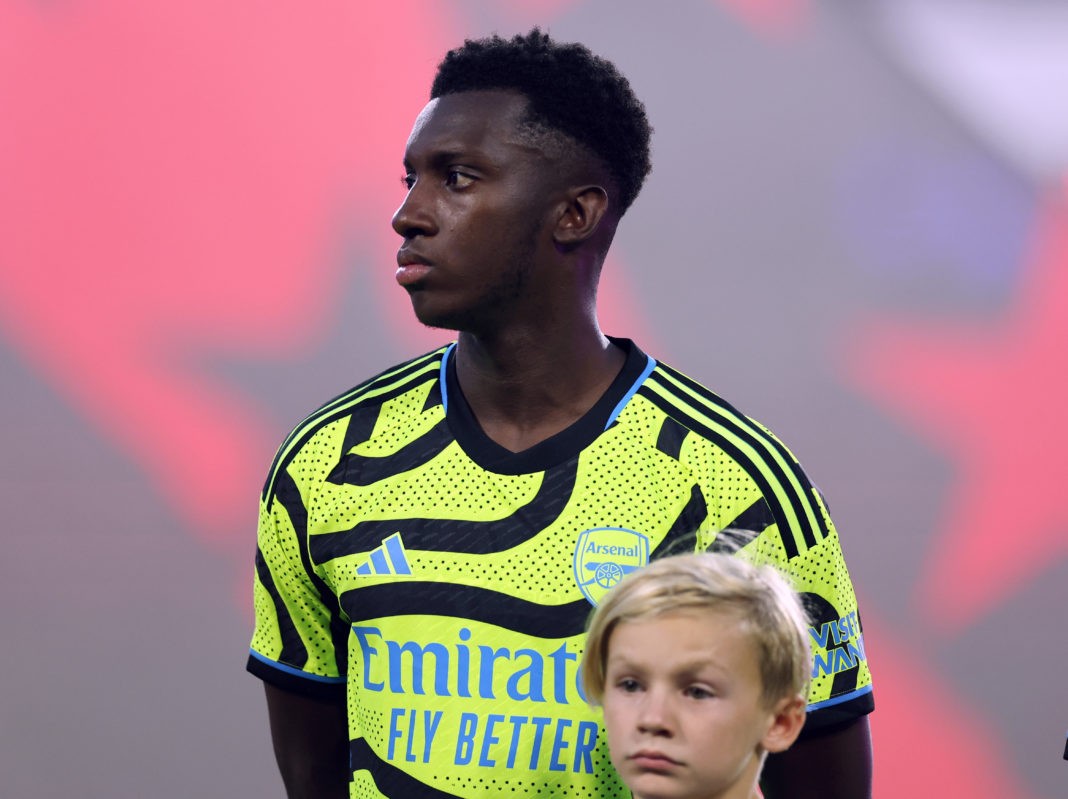 WASHINGTON, DC - JULY 19: Eddie Nketiah #14 of Arsenal FC lines up for the national anthems prior to the MLS All-Star Game between Arsenal FC and MLS All-Stars at Audi Field on July 19, 2023 in Washington, DC. (Photo by Tim Nwachukwu/Getty Images)