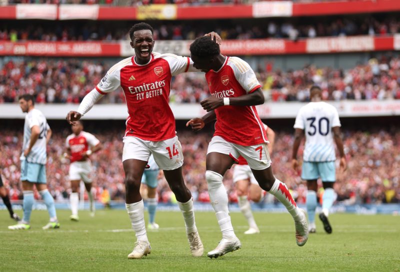 LONDON, ENGLAND - AUGUST 12: Bukayo Saka of Arsenal celebrates after scoring the team's second goal with team mate Eddie Nketiah of Arsenal during the Premier League match between Arsenal FC and Nottingham Forest at Emirates Stadium on August 12, 2023 in London, England. (Photo by Julian Finney/Getty Images)