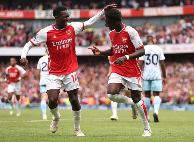 LONDON, ENGLAND - AUGUST 12: Bukayo Saka of Arsenal celebrates after scoring the team's second goal with team mate Eddie Nketiah of Arsenal during the Premier League match between Arsenal FC and Nottingham Forest at Emirates Stadium on August 12, 2023 in London, England. (Photo by Julian Finney/Getty Images)