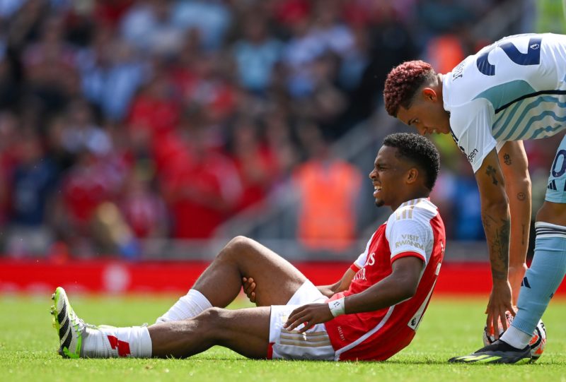 LONDON, ENGLAND - AUGUST 12: Jurrien Timber of Arsenal goes down with an injury during the Premier League match between Arsenal FC and Nottingham Forest at Emirates Stadium on August 12, 2023 in London, England. (Photo by Clive Mason/Getty Images)