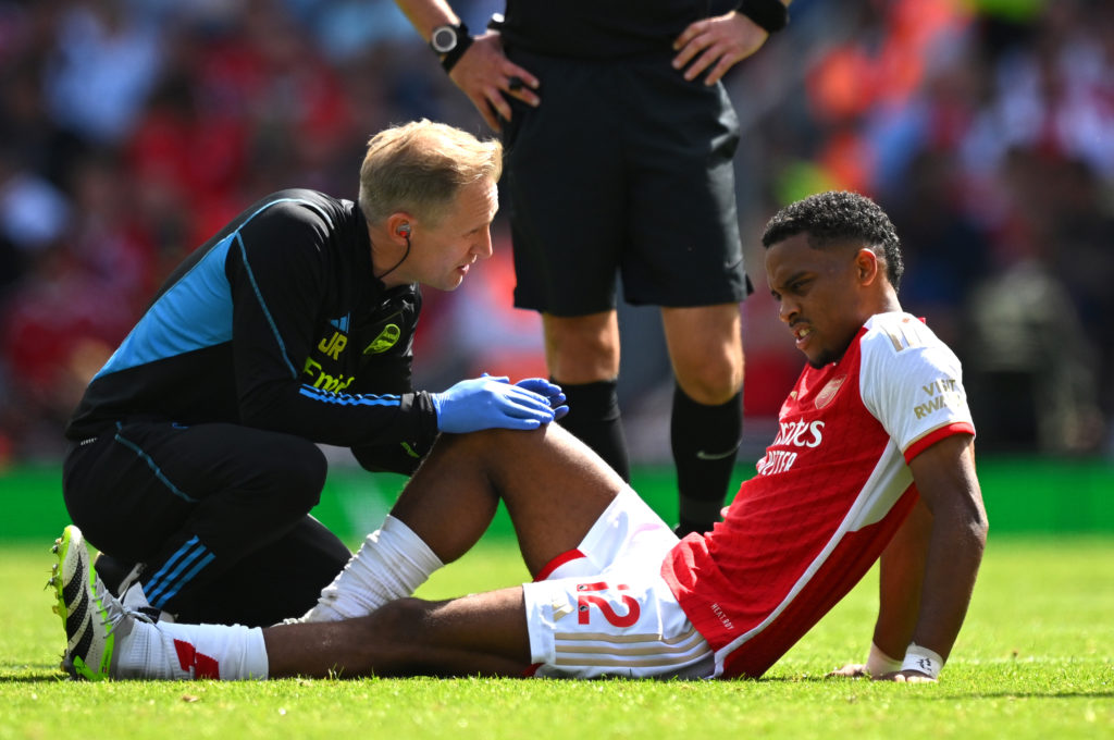 LONDON, ENGLAND - AUGUST 12: Jurrien Timber of Arsenal receives medical treatment during the Premier League match between Arsenal FC and Nottingham Forest at Emirates Stadium on August 12, 2023 in London, England. (Photo by Clive Mason/Getty Images)