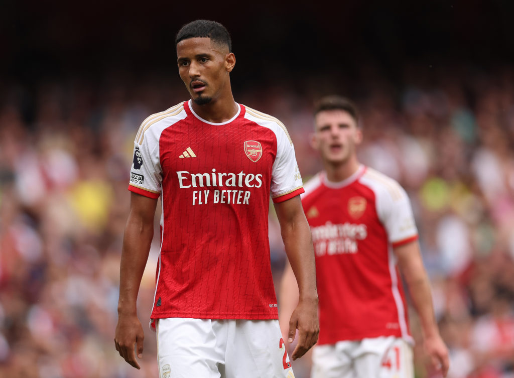 LONDON, ENGLAND - AUGUST 12: William Saliba of Arsenal looks on during the Premier League match between Arsenal FC and Nottingham Forest at Emirates Stadium on August 12, 2023 in London, England. (Photo by Julian Finney/Getty Images)