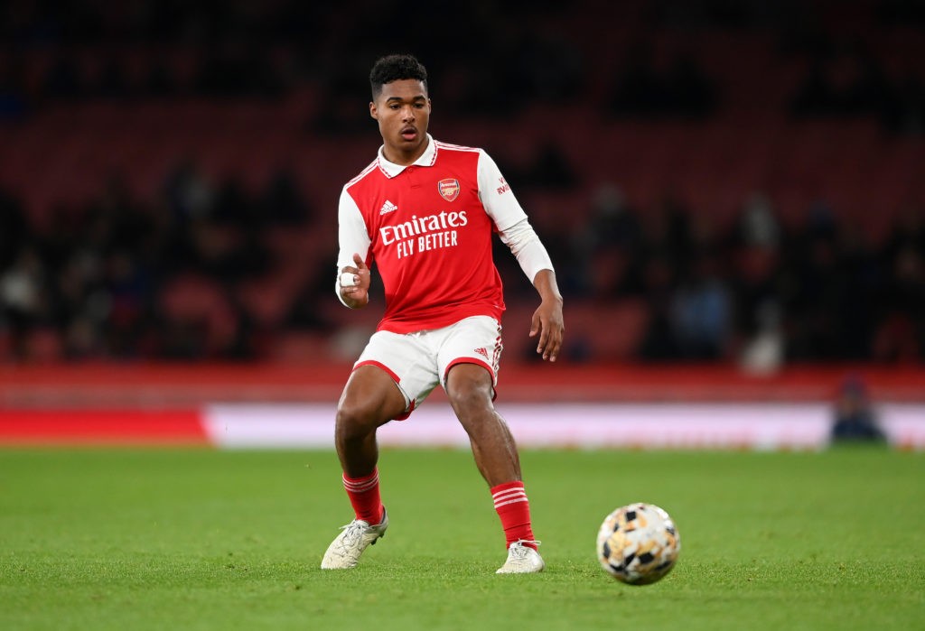 LONDON, ENGLAND - APRIL 04: Reuell Walters of Arsenal passes during the FA Youth Cup Semi-Final match between Arsenal U18 and Manchester City U18 at Emirates Stadium on April 04, 2023 in London, England. (Photo by Alex Davidson/Getty Images)