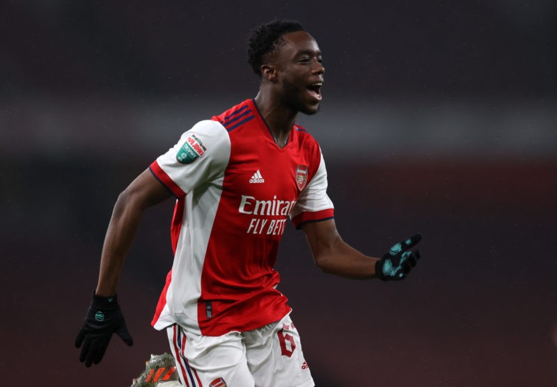 LONDON, ENGLAND - JANUARY 11: James Olayinka of Arsenal celebrates his sides first goal during the Papa John's Trophy match between Arsenal U21 and Chelsea U21 at Emirates Stadium on January 11, 2022 in London, England. (Photo by Alex Pantling/Getty Images)