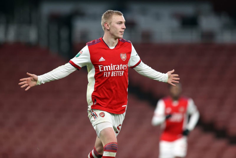 LONDON, ENGLAND - JANUARY 11: Mika Biereth of Arsenal celebrates after he scores his teams second goal during the Papa John's Trophy match between Arsenal U21 and Chelsea U21 at Emirates Stadium on January 11, 2022 in London, England. (Photo by Alex Pantling/Getty Images)