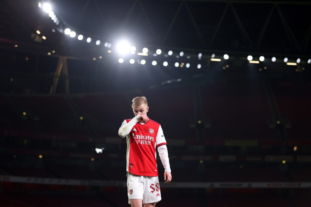 LONDON, ENGLAND - JANUARY 11: Mika Biereth of Arsenal during the Papa John's Trophy match between Arsenal U21 and Chelsea U21 at Emirates Stadium on January 11, 2022 in London, England. (Photo by Alex Pantling/Getty Images)