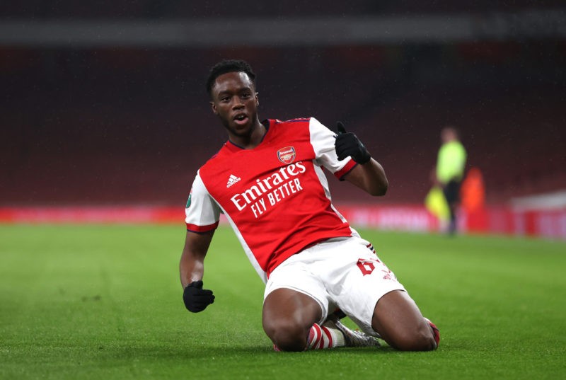 LONDON, ENGLAND - JANUARY 11: James Olayinka of Arsenal celebrates after scoring his sides first goal during the Papa John's Trophy match between Arsenal U21 and Chelsea U21 at Emirates Stadium on January 11, 2022 in London, England. (Photo by Alex Pantling/Getty Images)