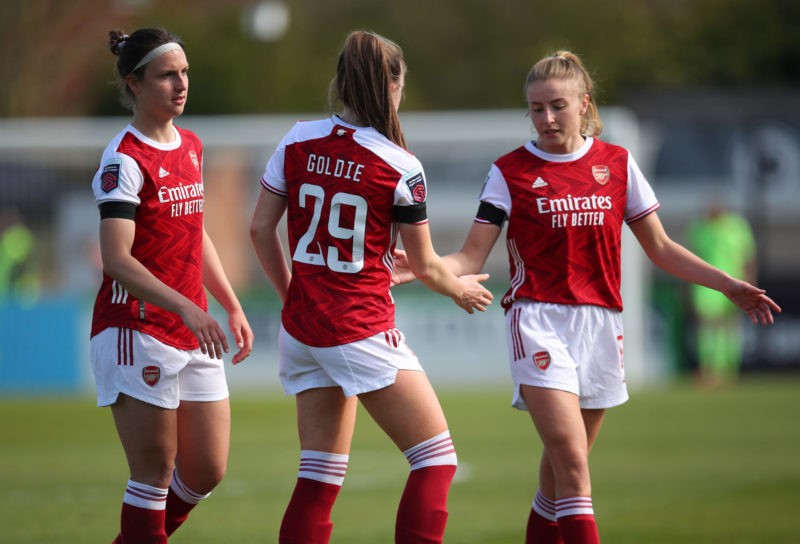 BOREHAMWOOD, ENGLAND - APRIL 18: Lotte Wubben-Moy and Leah Williamson of Arsenal with Teyah Goldie after the Vitality Women's FA Cup Fourth Round match between Arsenal Women and Gillingham Ladies at Meadow Park on April 18, 2021 in Borehamwood, England. Sporting stadiums around the UK remain under strict restrictions due to the Coronavirus Pandemic as Government social distancing laws prohibit fans inside venues resulting in games being played behind closed doors. (Photo by Catherine Ivill/Getty Images)