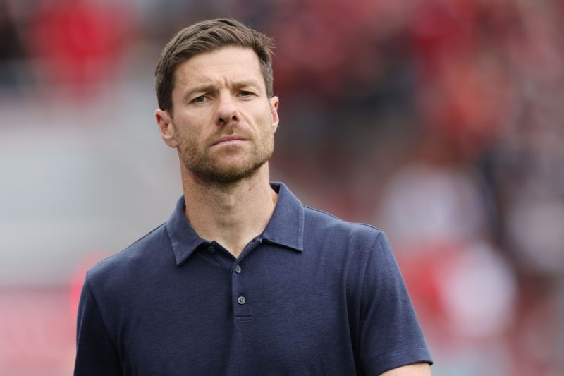 LEVERKUSEN, GERMANY - AUGUST 19: Xabi Alonso, Head Coach of Bayer 04 Leverkusen, looks on prior to the Bundesliga match between Bayer 04 Leverkusen and RB Leipzig at BayArena on August 19, 2023 in Leverkusen, Germany. (Photo by Andreas Rentz/Getty Images)