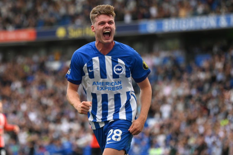 BRIGHTON, ENGLAND - AUGUST 12: Evan Ferguson of Brighton celebrates after scoring the team's fourth goal during the Premier League match between Brighton & Hove Albion and Luton Town at American Express Community Stadium on August 12, 2023 in Brighton, England. (Photo by Mike Hewitt/Getty Images)