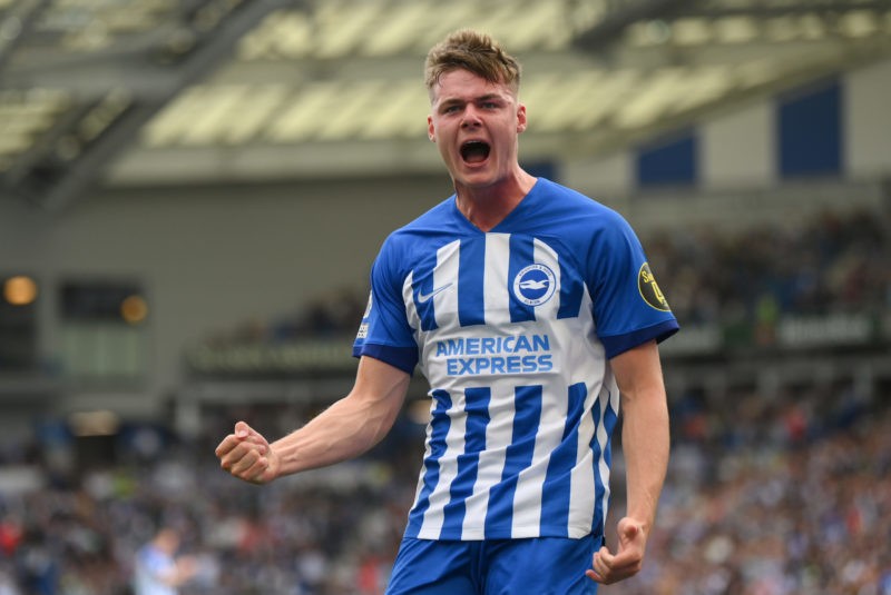 BRIGHTON, ENGLAND - AUGUST 12: Evan Ferguson of Brighton & Hove Albion celebrates after scoring the team's fourth goal during the Premier League match between Brighton & Hove Albion and Luton Town at American Express Community Stadium on August 12, 2023 in Brighton, England. (Photo by Mike Hewitt/Getty Images)