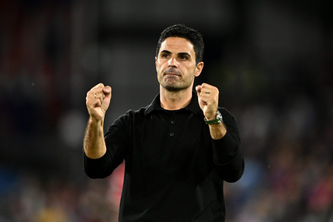 LONDON, ENGLAND - AUGUST 21: Mikel Arteta, Manager of Arsenal, celebrates his team's victory after the Premier League match between Crystal Palace and Arsenal FC at Selhurst Park on August 21, 2023 in London, England. (Photo by Mike Hewitt/Getty Images)